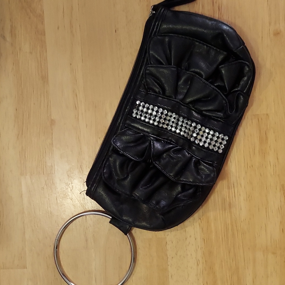 Chateau black ruffle clutch wristlet with rhinestones